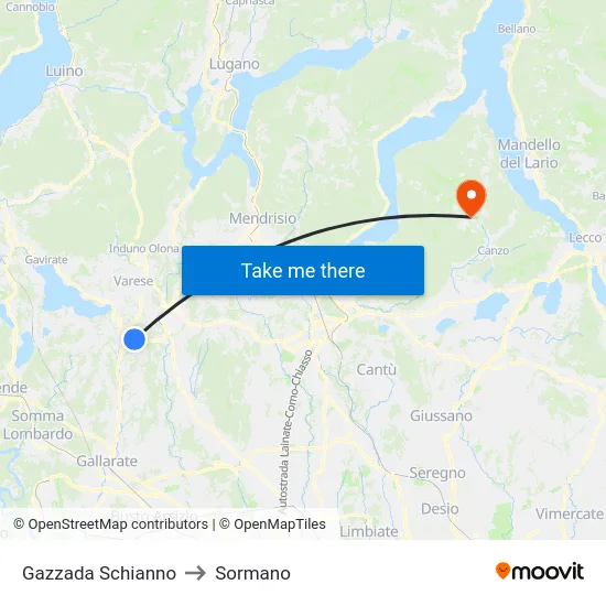Gazzada Schianno to Sormano map