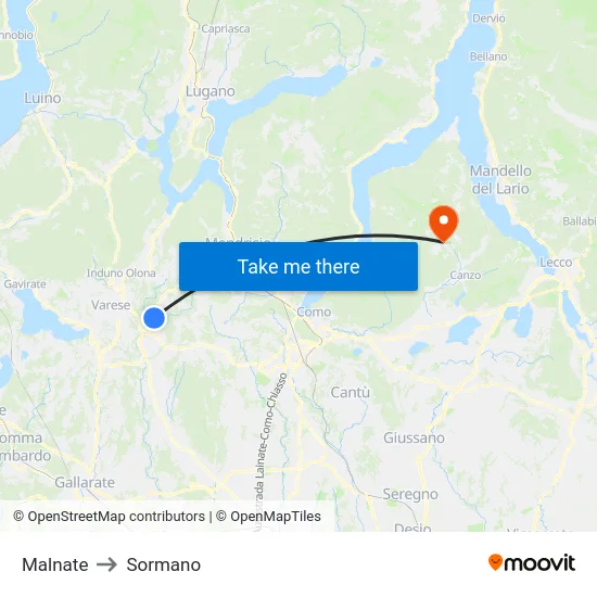 Malnate to Sormano map