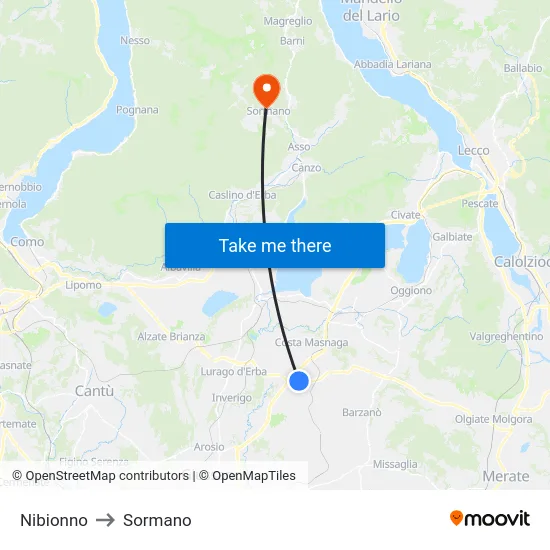 Nibionno to Sormano map