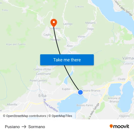 Pusiano to Sormano map