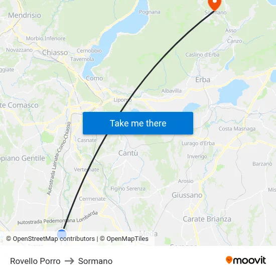 Rovello Porro to Sormano map