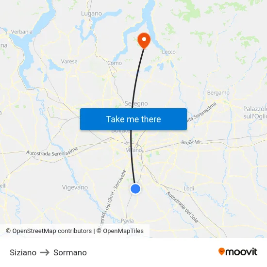 Siziano to Sormano map