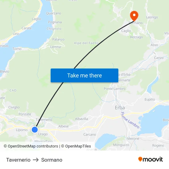 Tavernerio to Sormano map