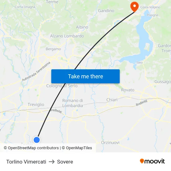 Torlino Vimercati to Sovere map