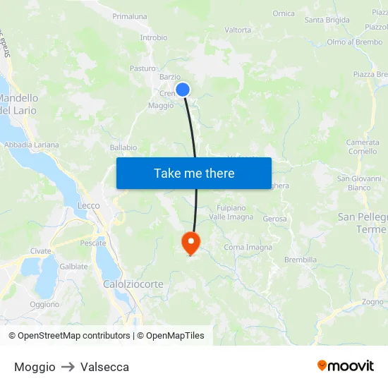 Moggio to Valsecca map