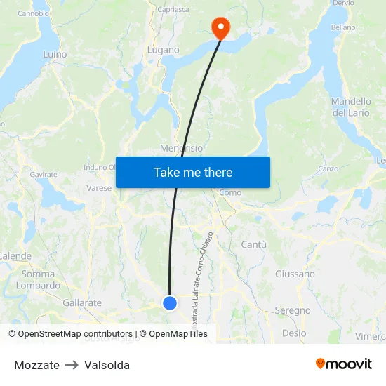 Mozzate to Valsolda map