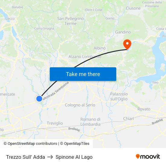 Trezzo Sull' Adda to Spinone Al Lago map