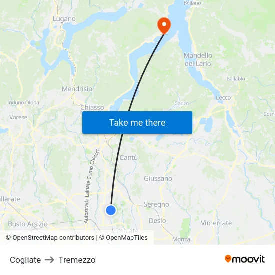 Cogliate to Tremezzo map