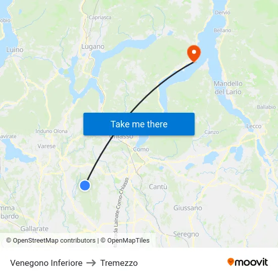 Venegono Inferiore to Tremezzo map