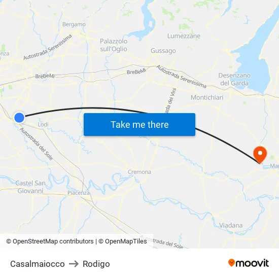 Casalmaiocco to Rodigo map