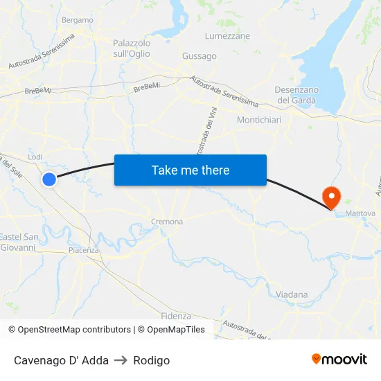 Cavenago D' Adda to Rodigo map