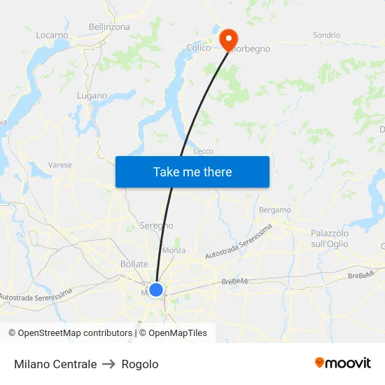 Milan Central to Rogolo map