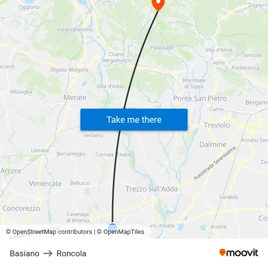 Basiano to Roncola map