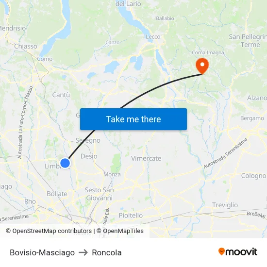 Bovisio-Masciago to Roncola map
