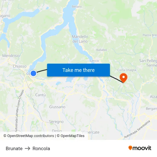 Brunate to Roncola map