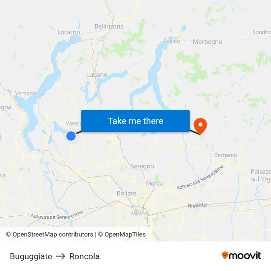 Buguggiate to Roncola map