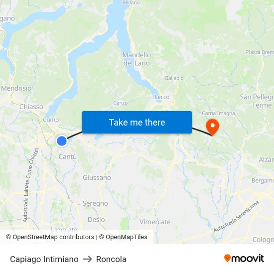 Capiago Intimiano to Roncola map
