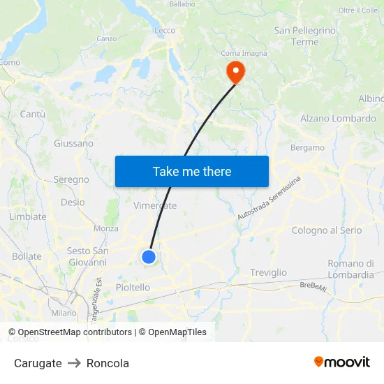 Carugate to Roncola map