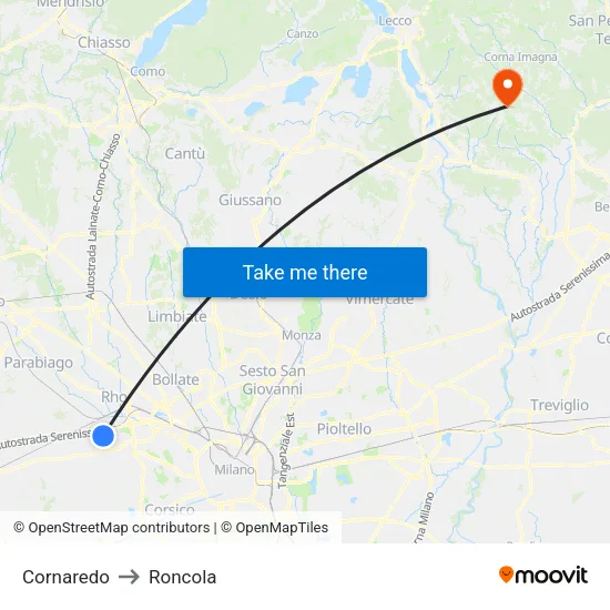 Cornaredo to Roncola map