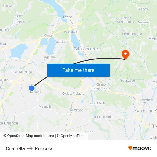 Cremella to Roncola map