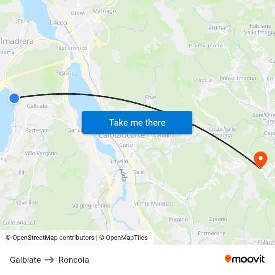 Galbiate to Roncola map