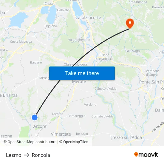 Lesmo to Roncola map