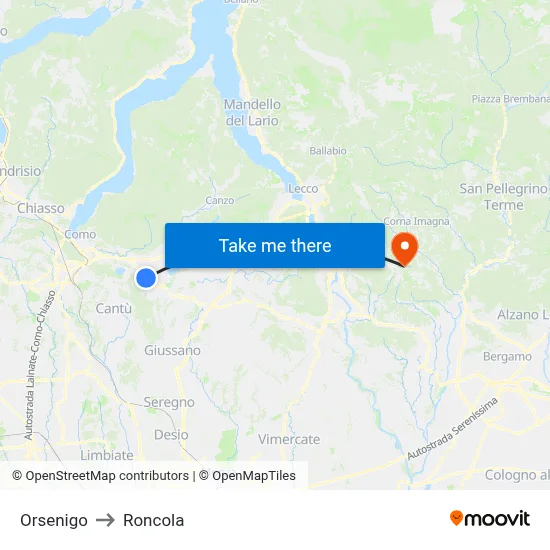 Orsenigo to Roncola map