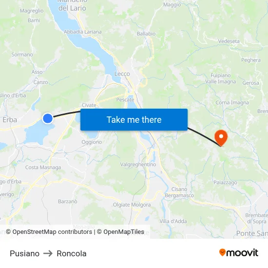 Pusiano to Roncola map