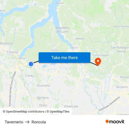 Tavernerio to Roncola map