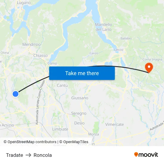 Tradate to Roncola map