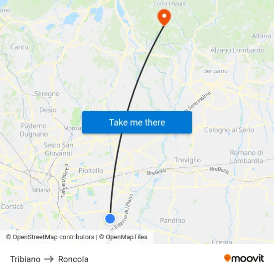 Tribiano to Roncola map