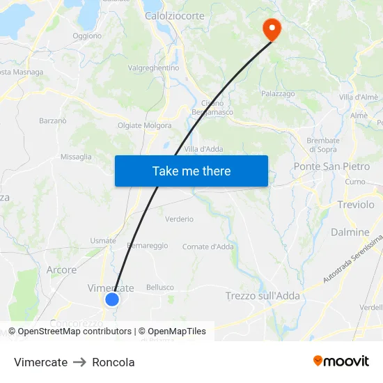 Vimercate to Roncola map
