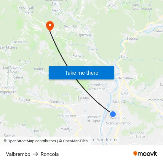 Valbrembo to Roncola map