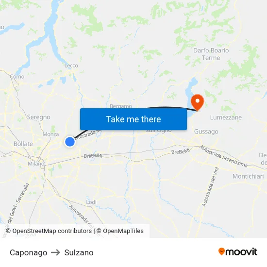 Caponago to Sulzano map