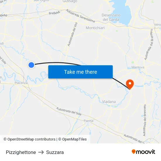 Pizzighettone to Suzzara map