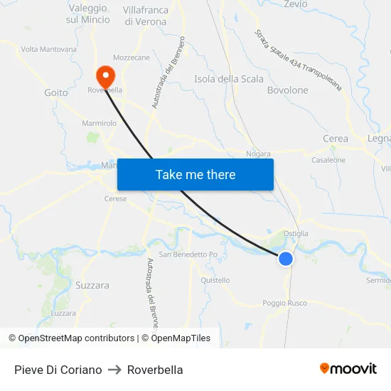 Pieve di Coriano to Roverbella map