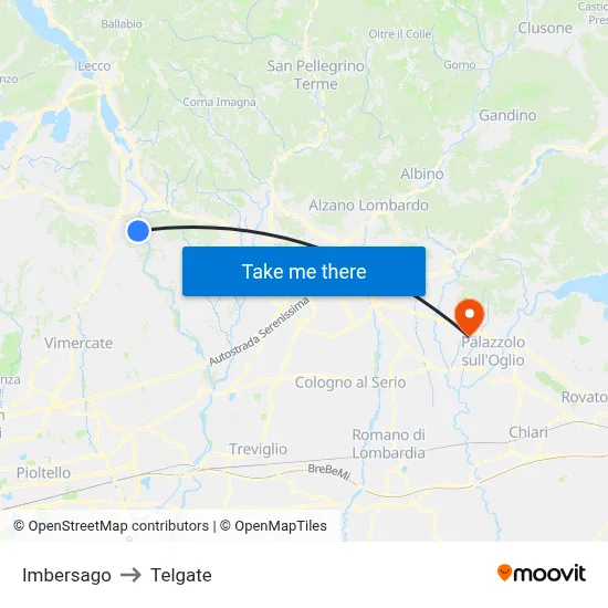 Imbersago to Telgate map