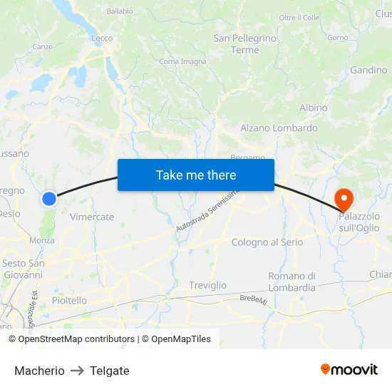 Macherio to Telgate map