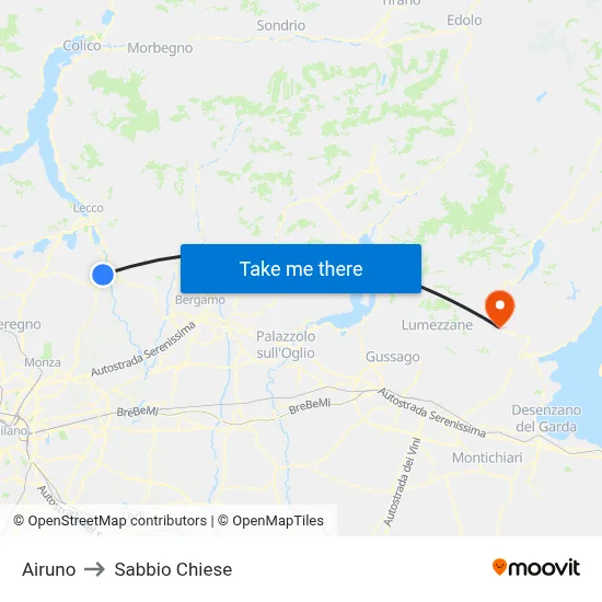 Airuno to Sabbio Chiese map