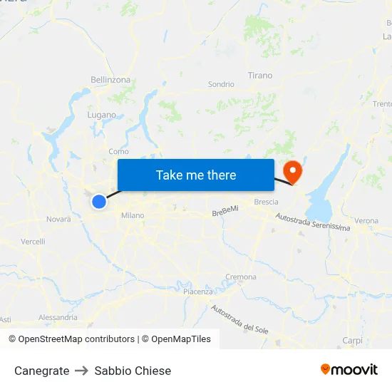 Canegrate to Sabbio Chiese map