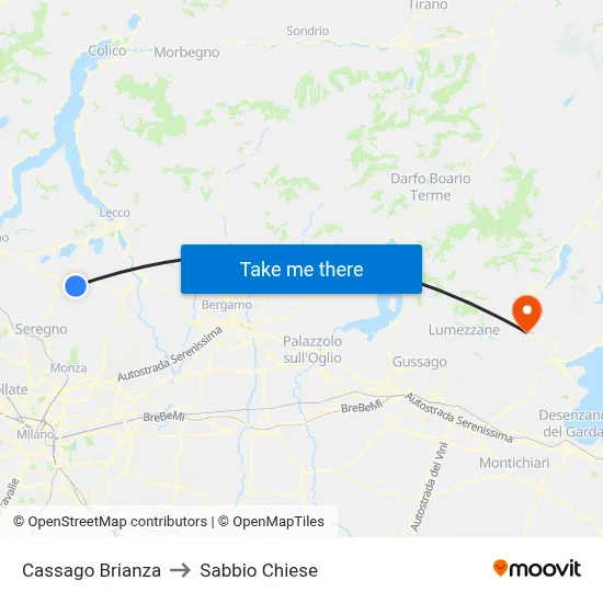 Cassago Brianza to Sabbio Chiese map