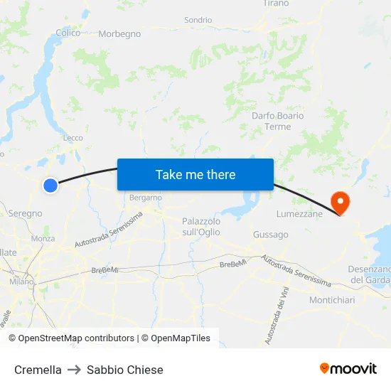Cremella to Sabbio Chiese map