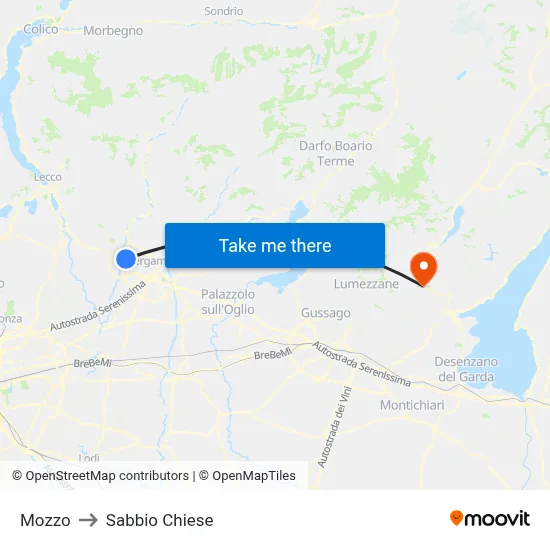 Mozzo to Sabbio Chiese map