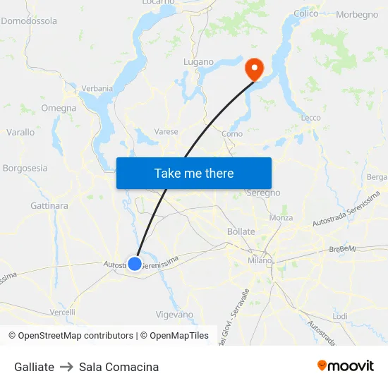 Galliate to Sala Comacina map