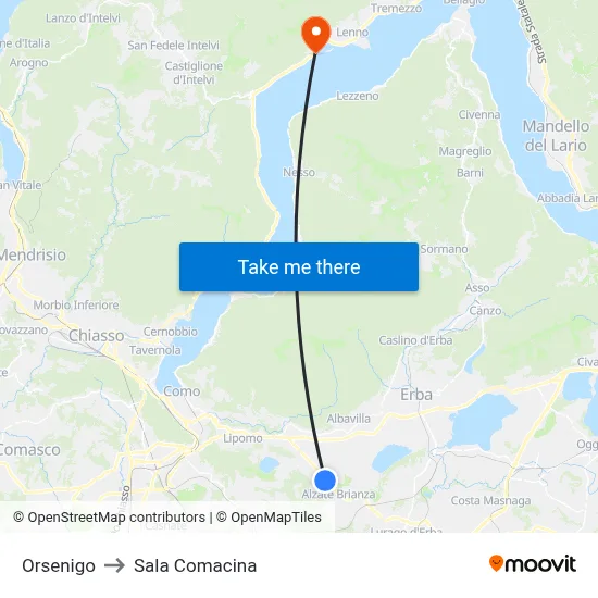 Orsenigo to Sala Comacina map