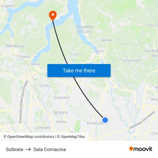 Sulbiate to Sala Comacina map