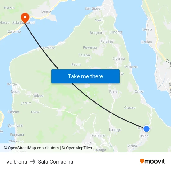 Valbrona to Sala Comacina map