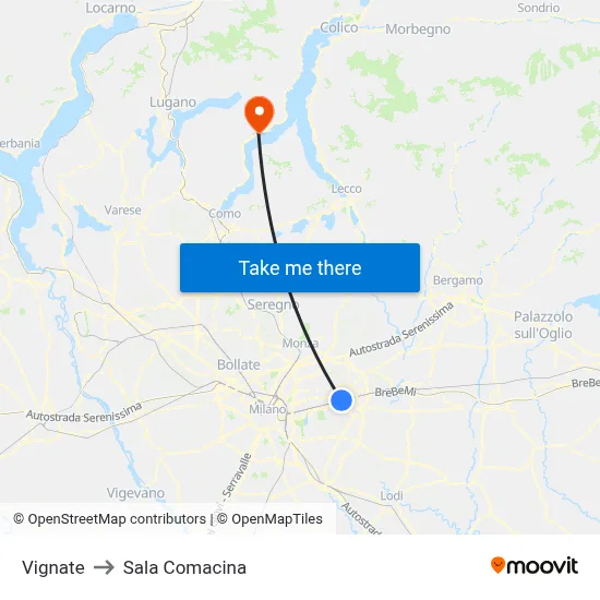 Vignate to Sala Comacina map