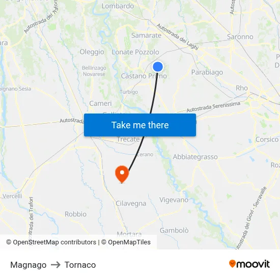 Magnago to Tornaco map