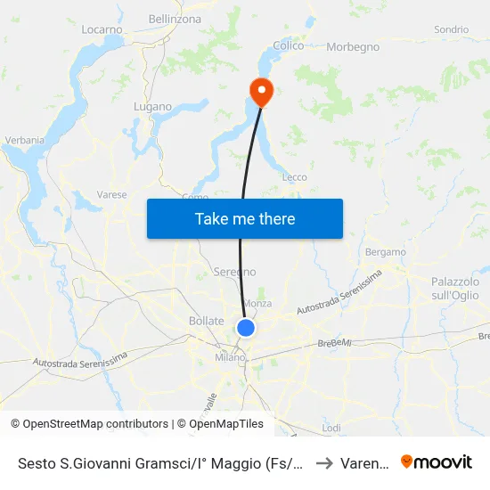 Sesto San Giovanni Gramsci/May 1st (Railway/M1) to Varenna map